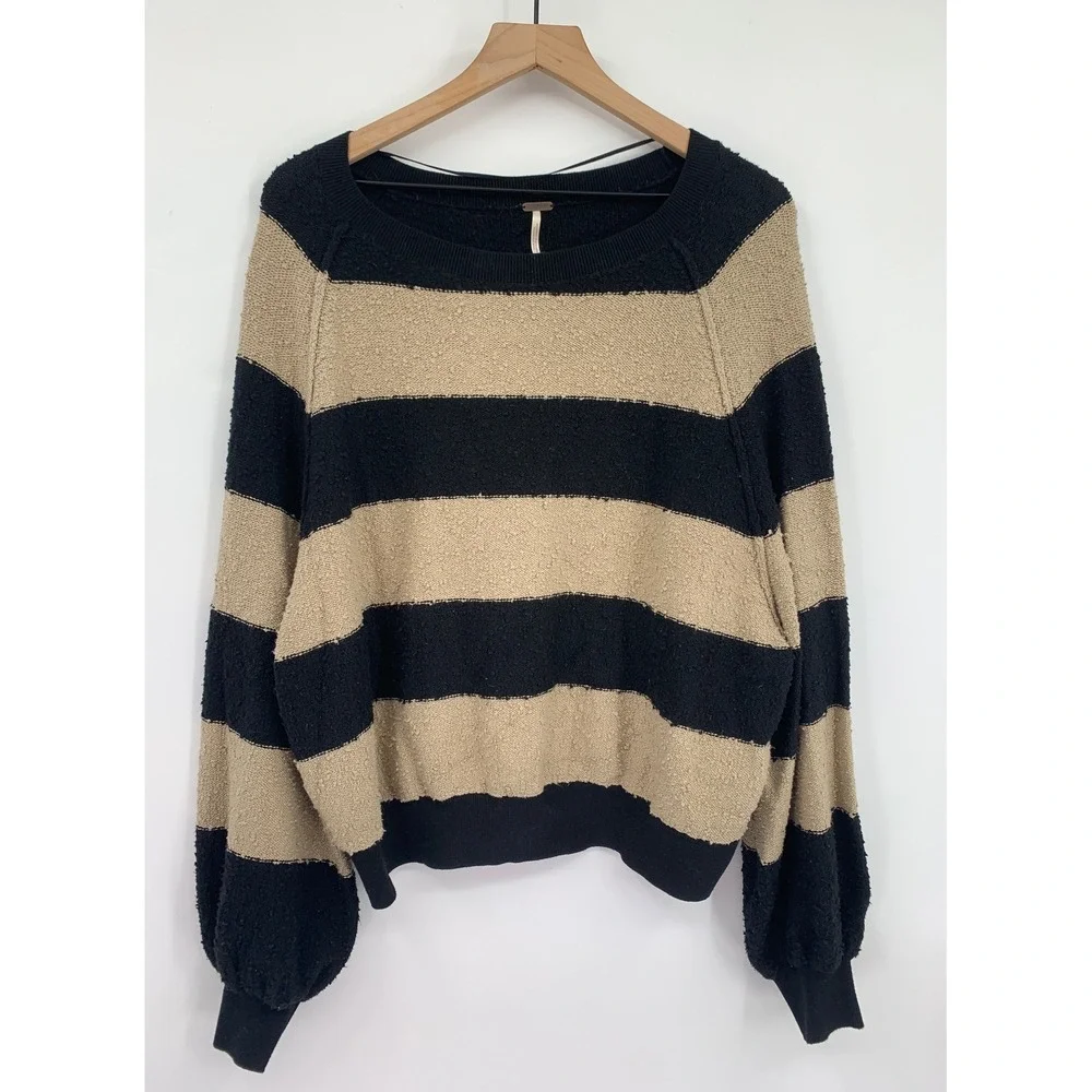 Free People Sweater Womens Small Black Beige Striped Cotton Textured Oversized